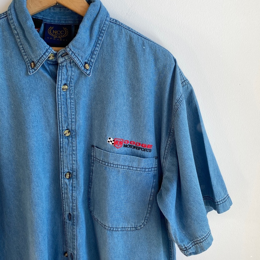 Dodge Motorsports Short Sleeve Button Down Soft Denim Shirt Checkered Flag